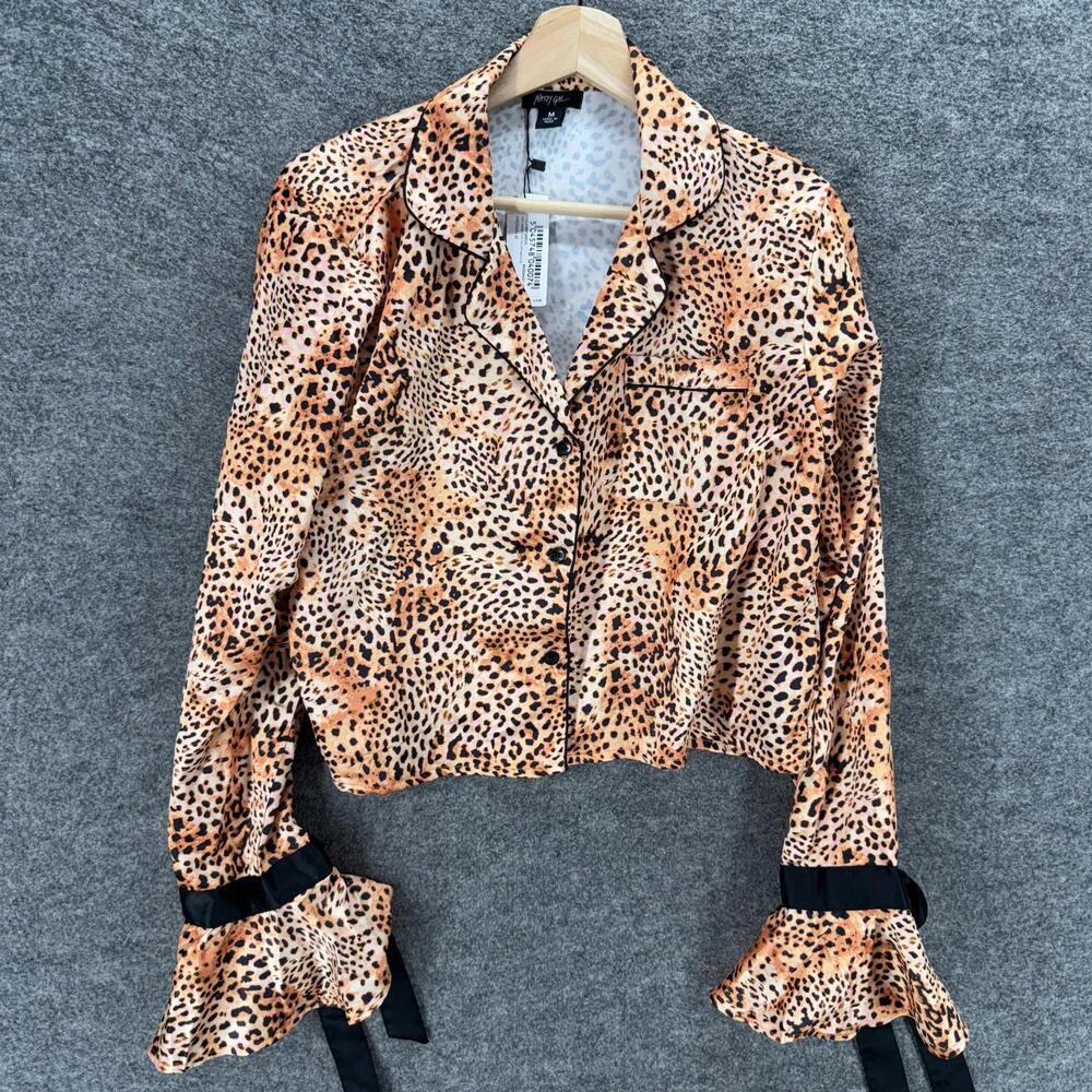 New Nasty Gal Shirt Women M Medium Beige Animal Print Button Up Collared Casual